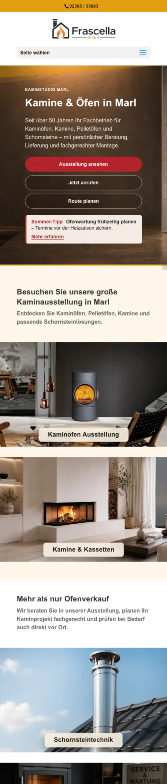 Website von KAMINSTUDIO MARL, Kreis Recklinghausen in der Mobilansicht