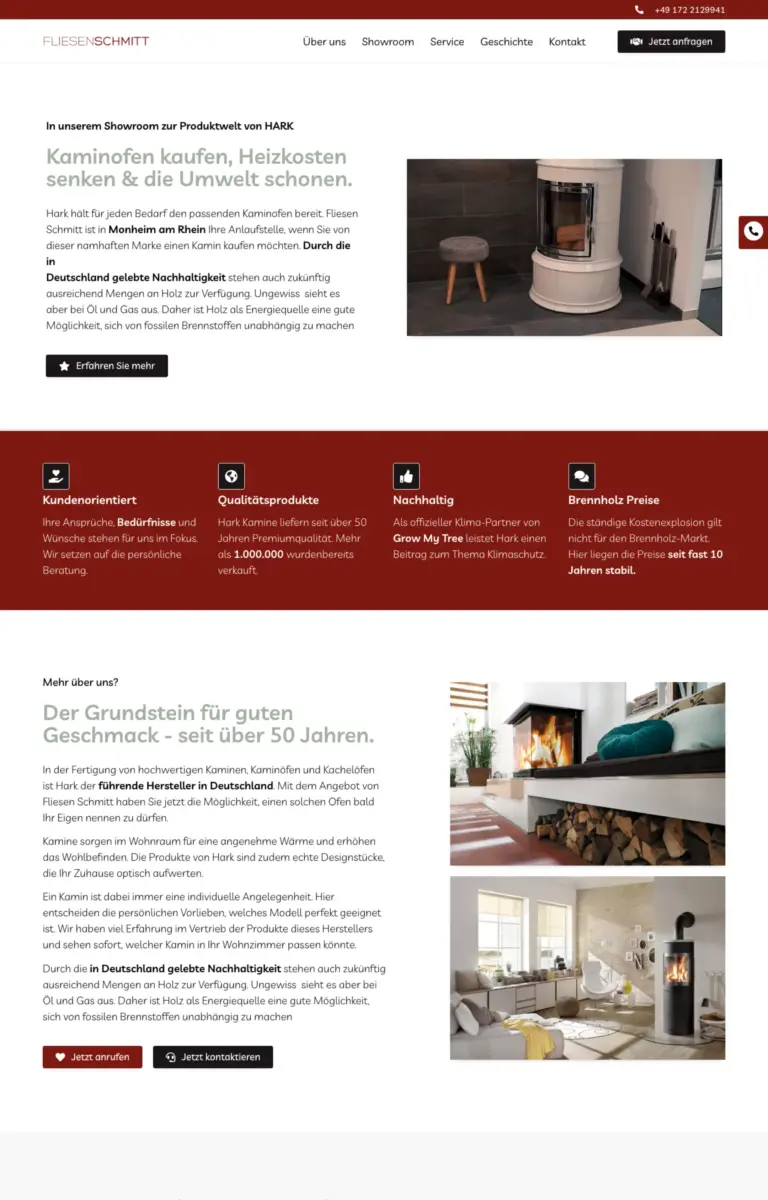 Startseite der Website von Kaminbauer Fliesen Schmitt e.K. aus Monheim in der Desktop-Ansicht