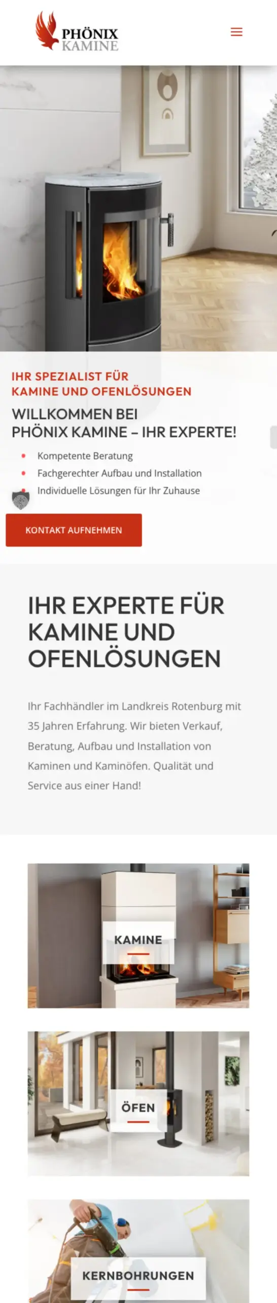 Website von Phoenix Kamine, Landkreis Rotenburg (Wümme) in der Mobilansicht