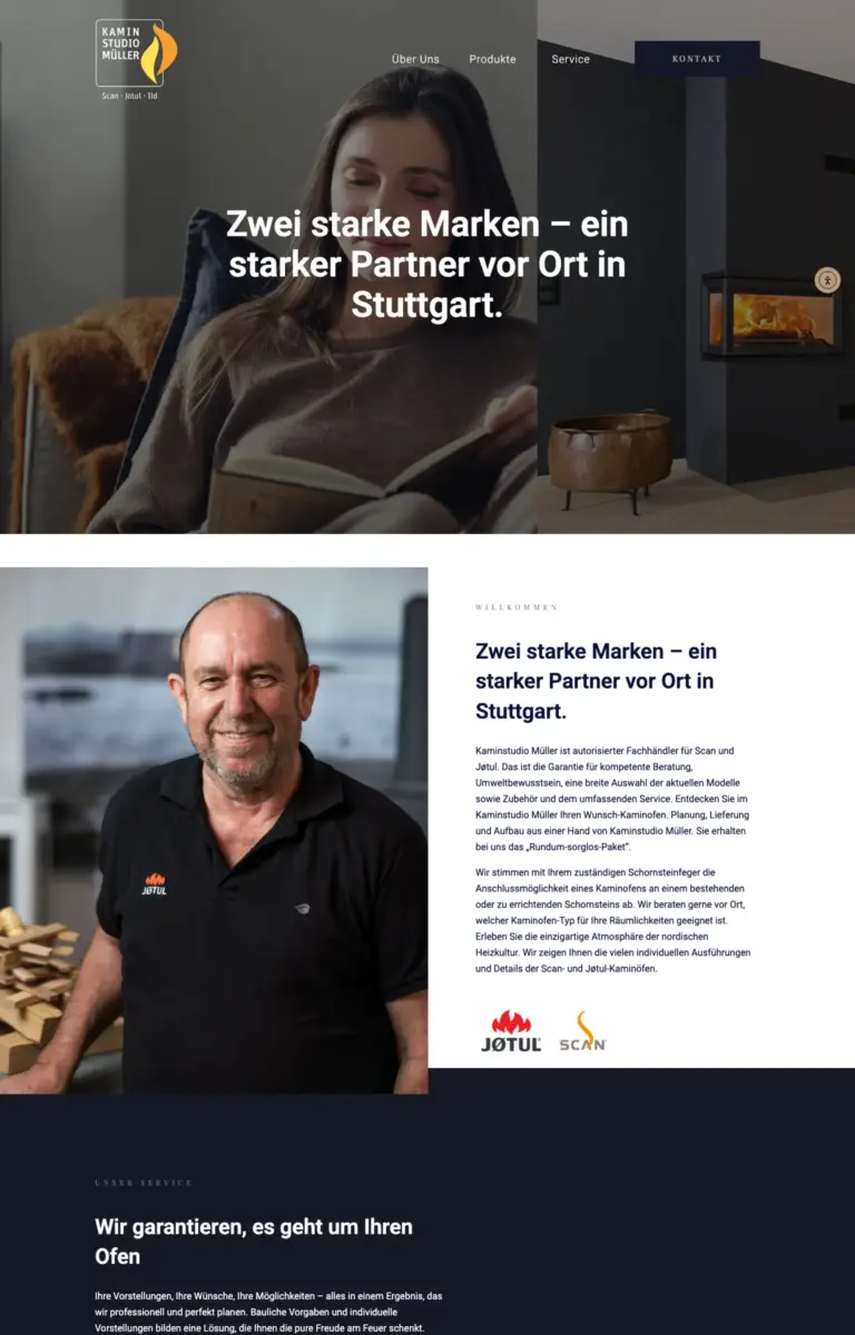 Startseite der Website von Kaminbauer Kaminstudio Müller aus Stuttgart in der Desktop-Ansicht