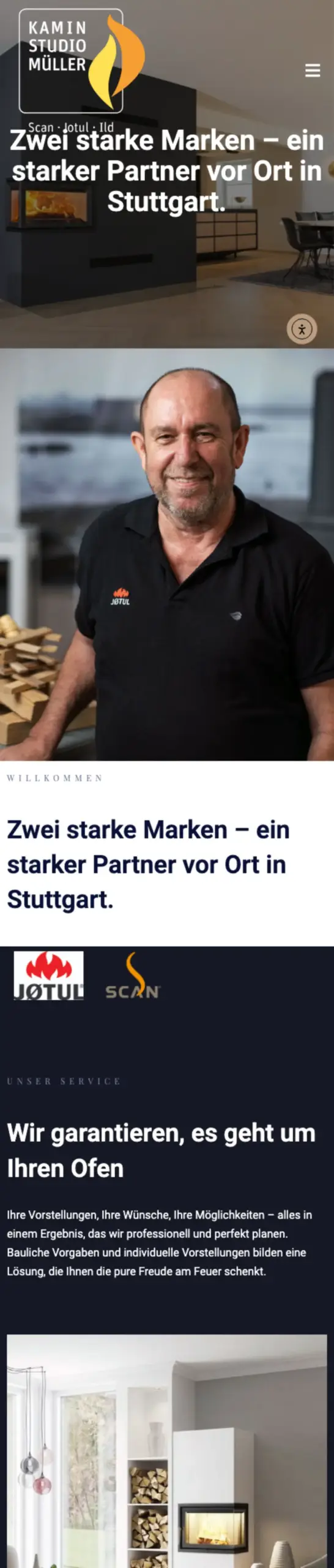 Website von Kaminstudio Müller, Stuttgart in der Mobilansicht