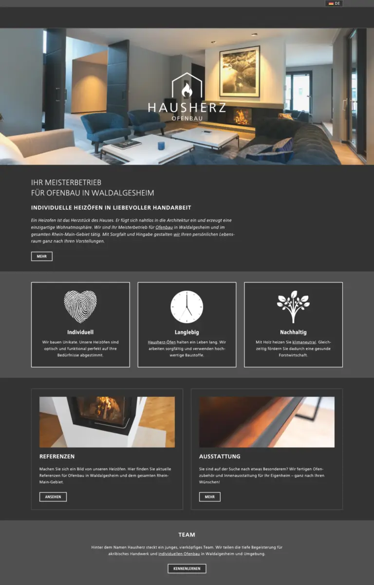 Startseite der Website von Kaminbauer Hausherz Ofenbau aus Waldalgesheim in der Desktop-Ansicht