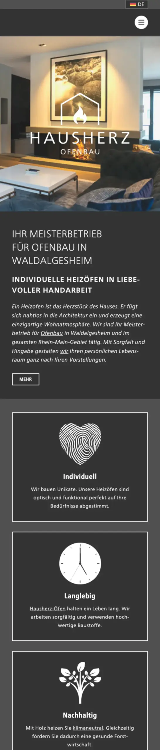 Website von Hausherz Ofenbau, Landkreis Mainz-Bingen in der Mobilansicht