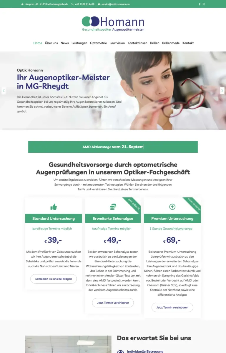 Startseite der Website von Optiker Geschäftsführer Peter Homann aus Mönchengladbach in der Desktop-Ansicht