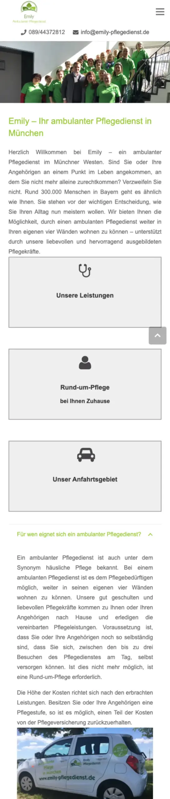 Website von Emily Pflegedienst, München in der Mobilansicht