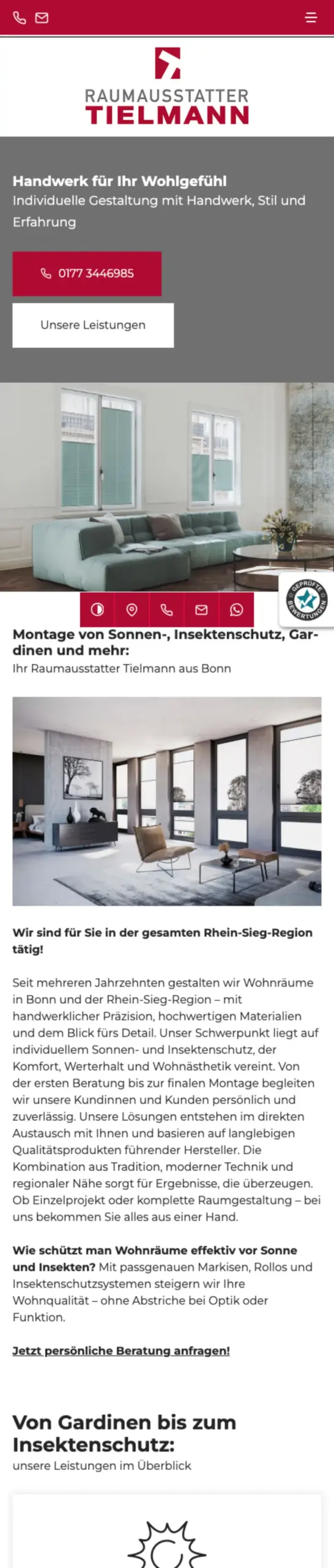 Website von Ihr Raumausstatter Tielmann, Bonn in der Mobilansicht