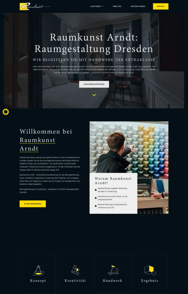 Startseite der Website von Raumausstatter Raumkunst Arndt GmbH aus Dresden in der Desktop-Ansicht