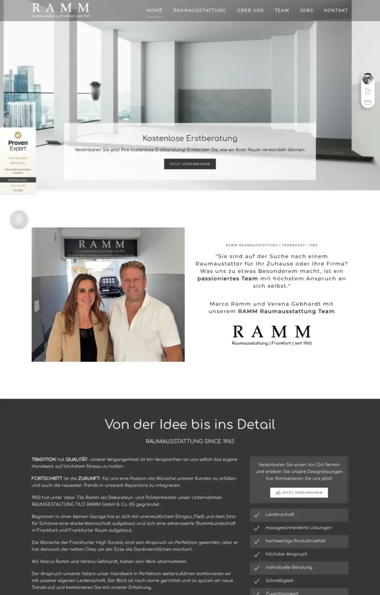 Startseite der Website von Raumausstatter Raumgestaltung Tilo Ramm GmbH & Co. KG aus Frankfurt in der Desktop-Ansicht
