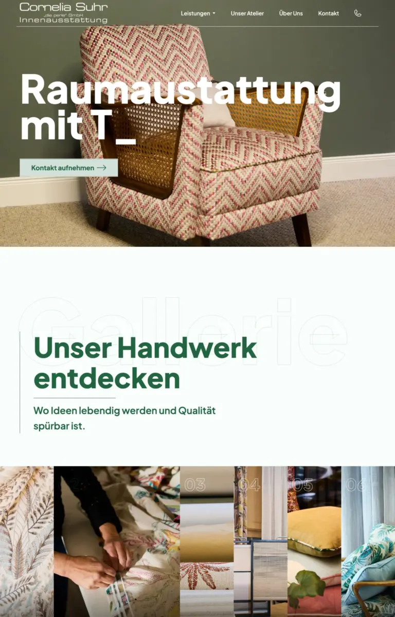 Startseite der Website von Raumausstatter Cornelia Suhr "die perle" GmbH Innenausstattung aus Hamburg in der Desktop-Ansicht