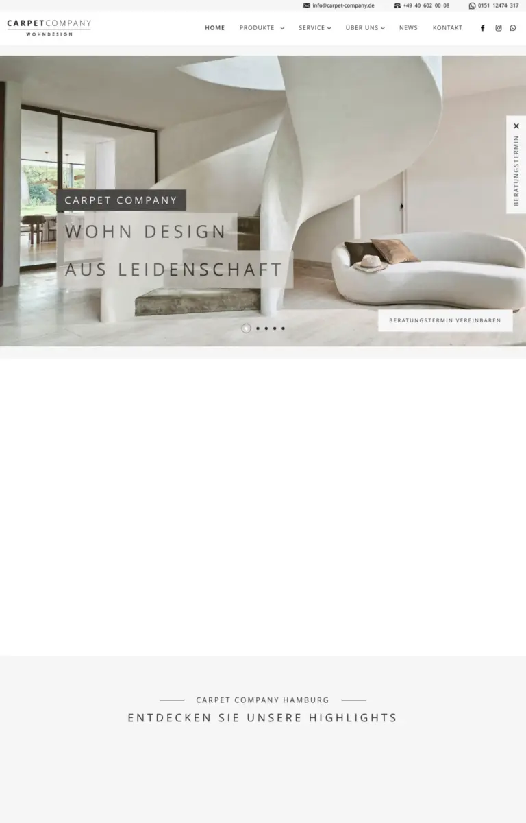 Startseite der Website von Raumausstatter Carpet Company aus Hamburg in der Desktop-Ansicht