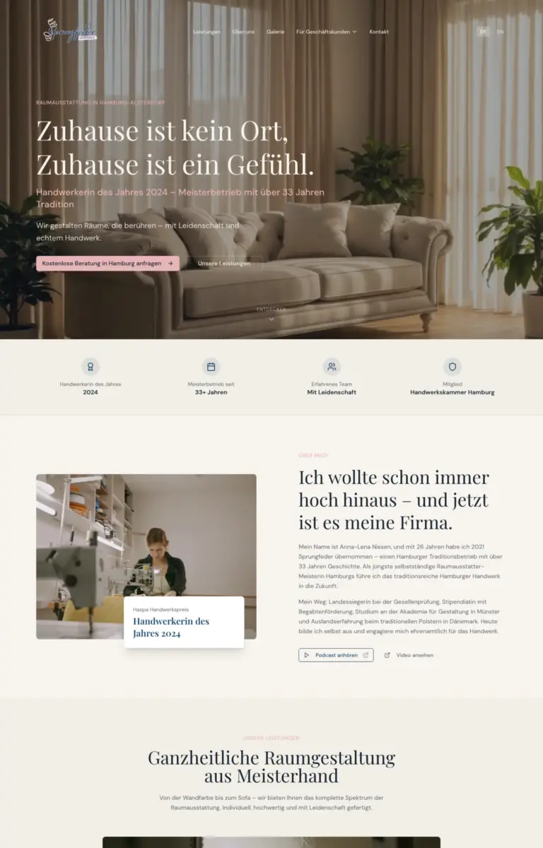 Startseite der Website von Raumausstatter Sprungfeder Hamburg aus Hamburg in der Desktop-Ansicht