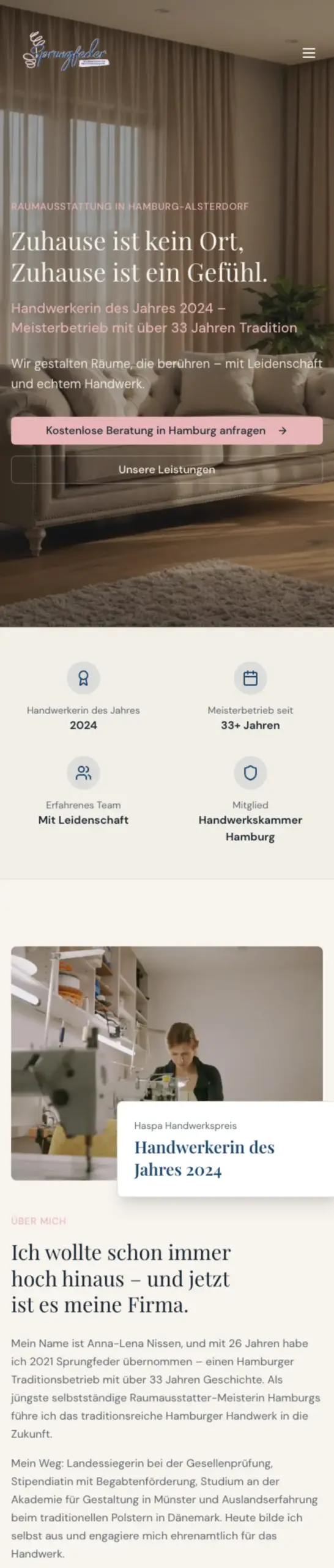 Website von Sprungfeder, Hamburg in der Mobilansicht
