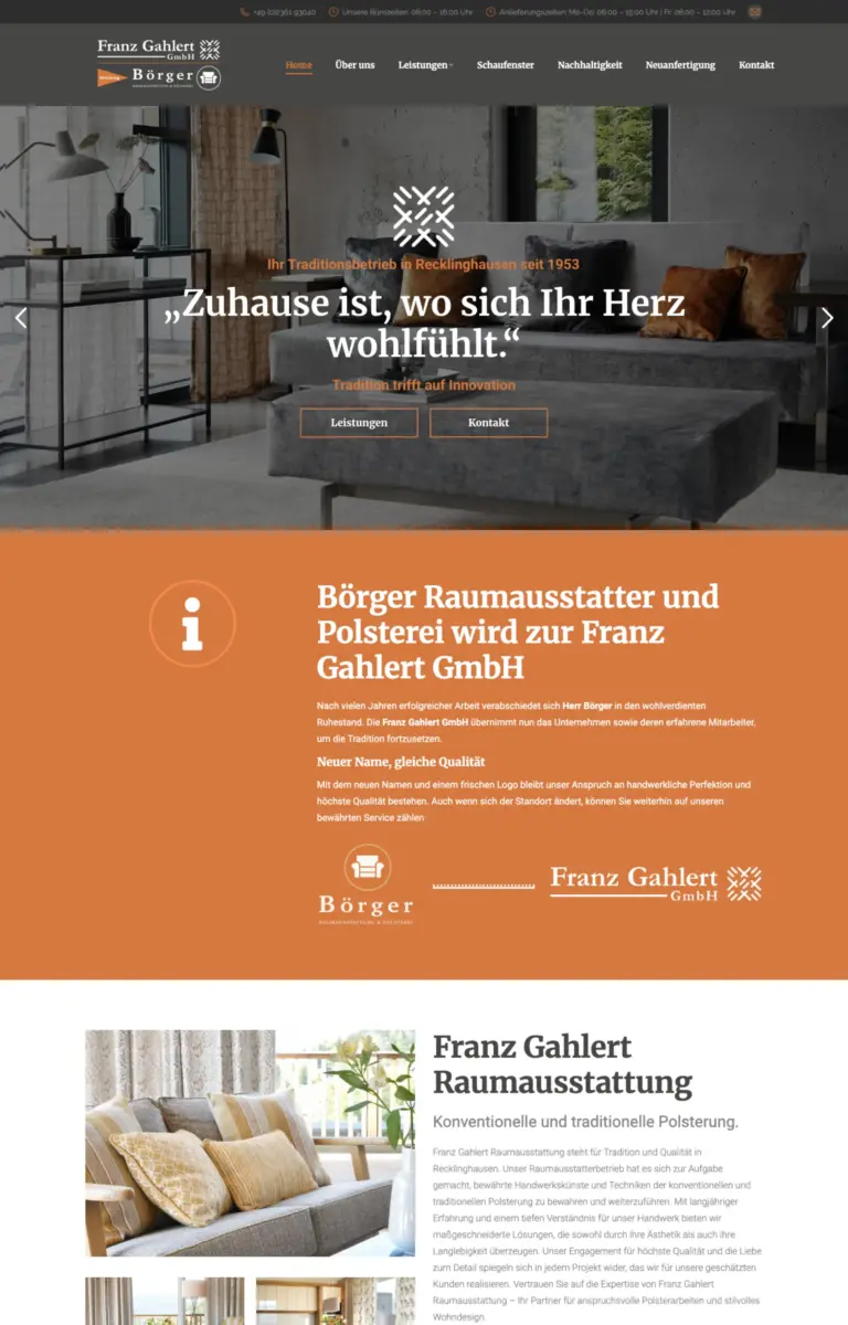 Startseite der Website von Raumausstatter Franz Gahlert GmbH aus Recklinghausen in der Desktop-Ansicht