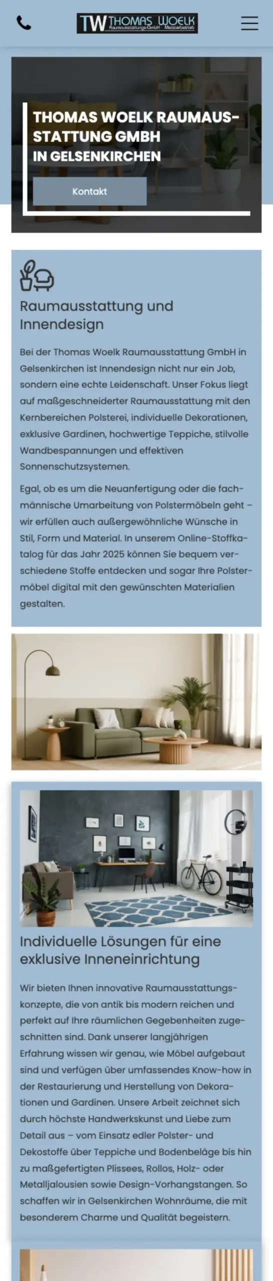 Website von Thomas Woelk Raumausstattung GmbH in der Mobilansicht