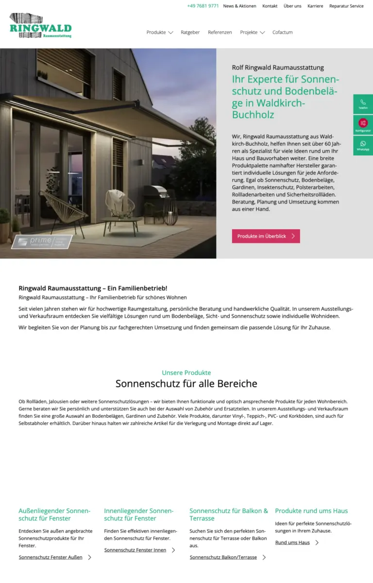 Startseite der Website von Raumausstatter Ringwald Raumausstattung aus Waldkirch-Buchholz in der Desktop-Ansicht