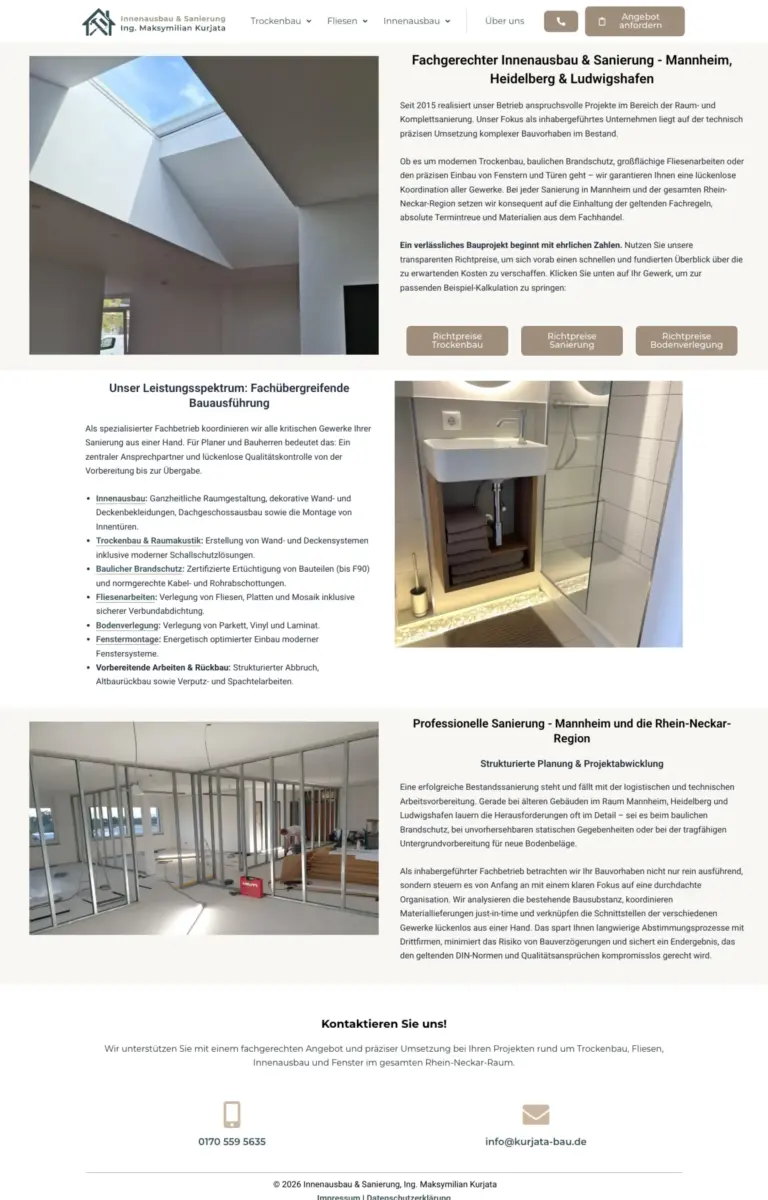 Startseite der Website von Sanierungsunternehmen Innenausbau & Sanierung, Ing. Maksymilian Kurjata aus Mannheim in der Desktop-Ansicht