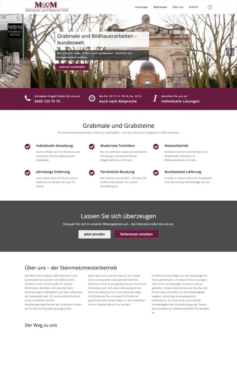 Startseite der Website von Steinmetz Steinmetz und Grabmalbetrieb M&M Mennicke-Matyus GbR aus Halle (Saale) in der Desktop-Ansicht