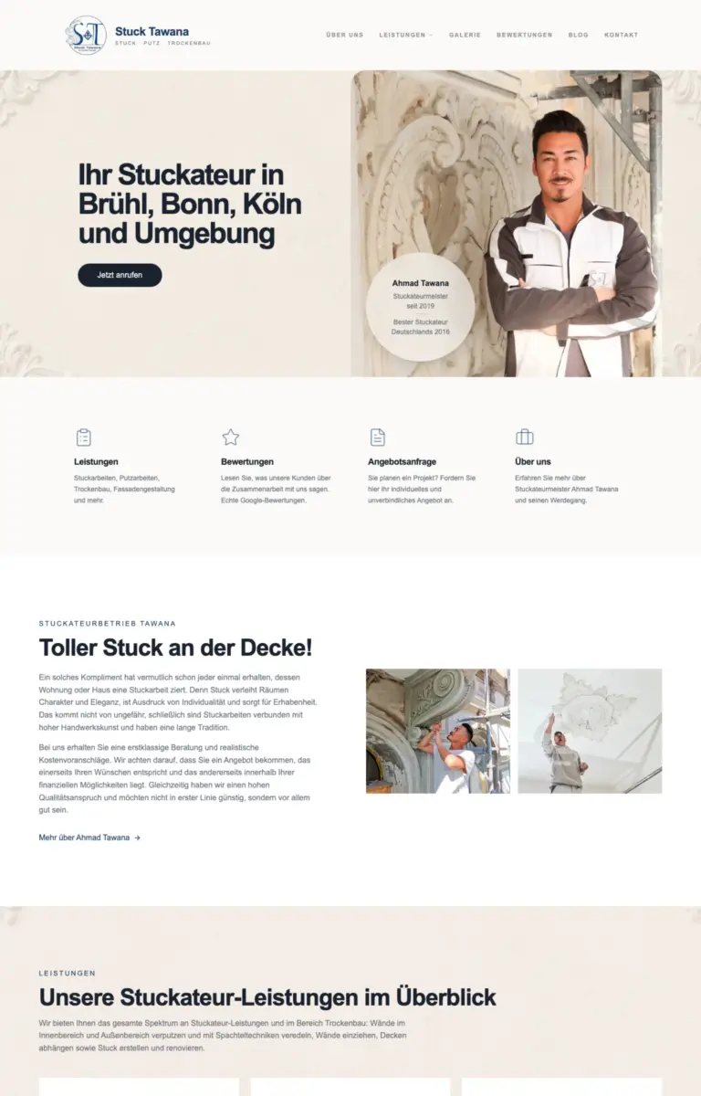 Startseite der Website von Stuckateur Blog aus Brühl in der Desktop-Ansicht