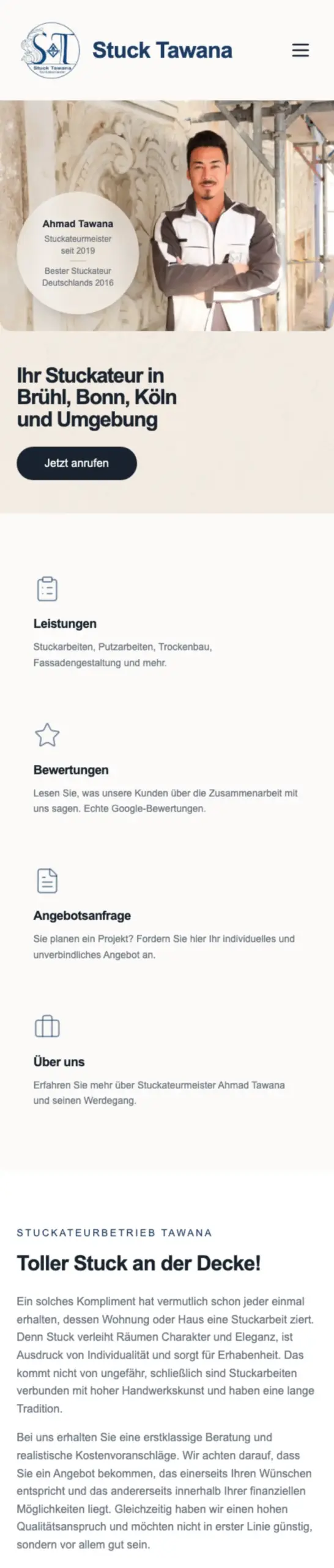 Website von Stuck Tawana, Rhein-Erft-Kreis in der Mobilansicht