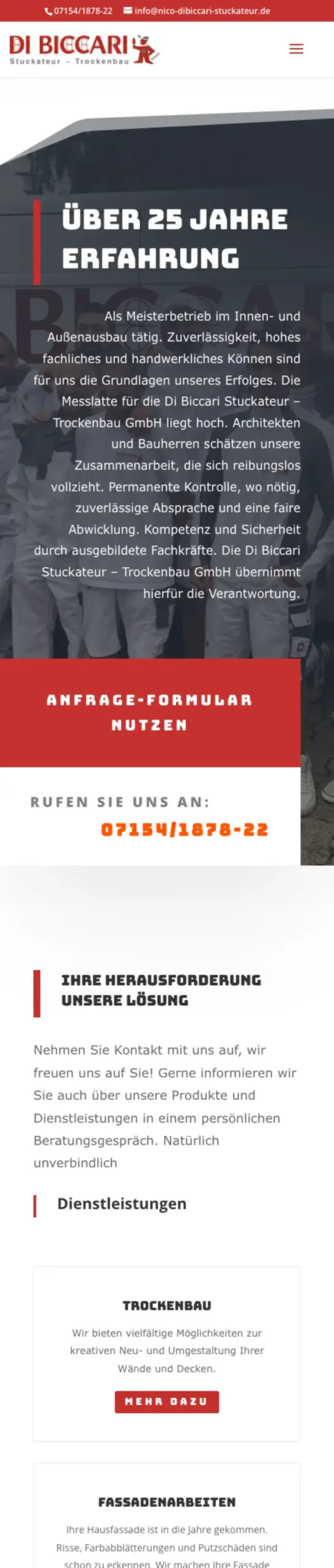 Website von Di Biccari Stuckateur – Trockenbau GmbH, Landkreis Ludwigsburg in der Mobilansicht