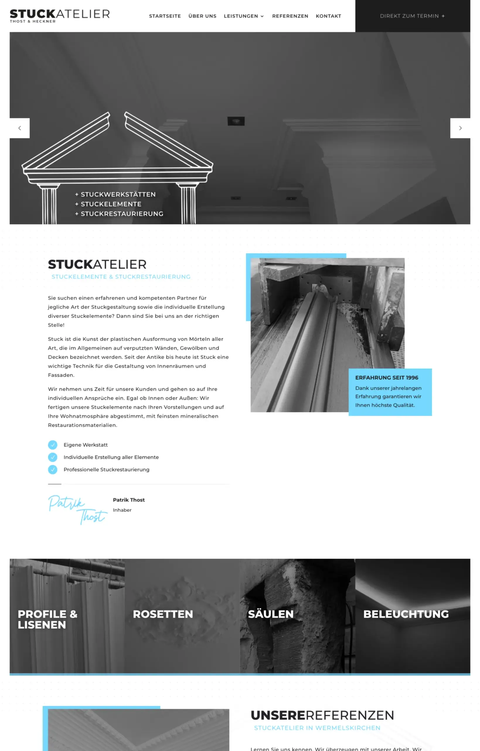 Website von Stuck Atelier Thost, Rheinisch-Bergischer Kreis in der Desktop-Ansicht