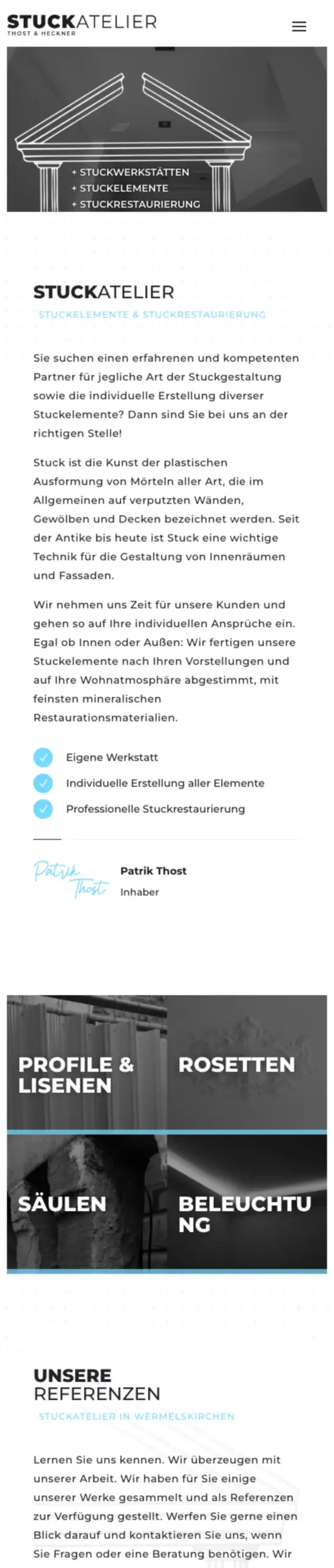 Website von Stuck Atelier Thost, Rheinisch-Bergischer Kreis in der Mobilansicht