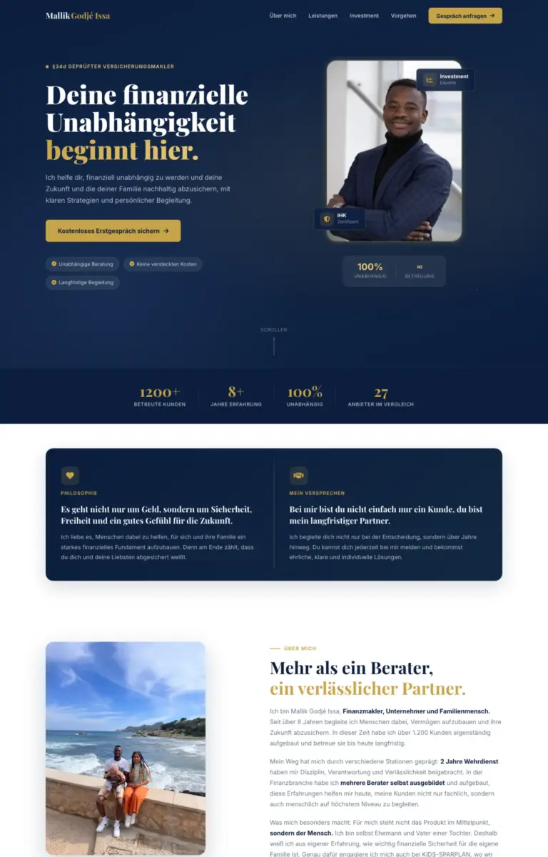 Startseite der Website von Versicherungsmakler Mallik Godjé Issa | Finanzmakler & Unternehmer in der Desktop-Ansicht