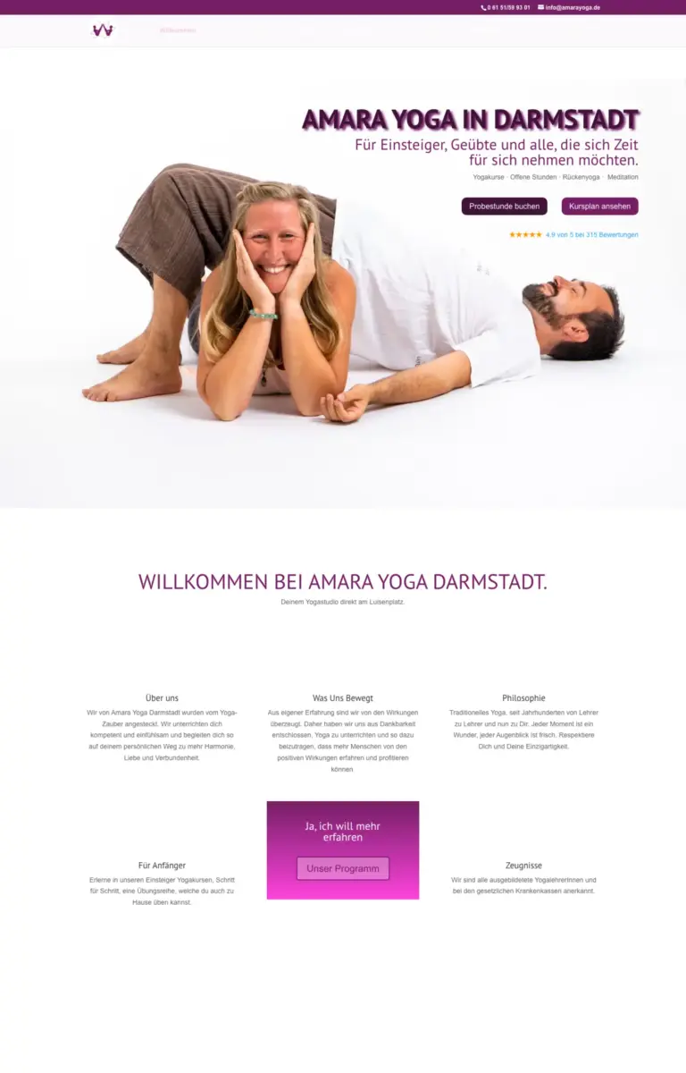 Startseite der Website von Yoga-Studios Annika Siegenbruk aus Darmstadt in der Desktop-Ansicht