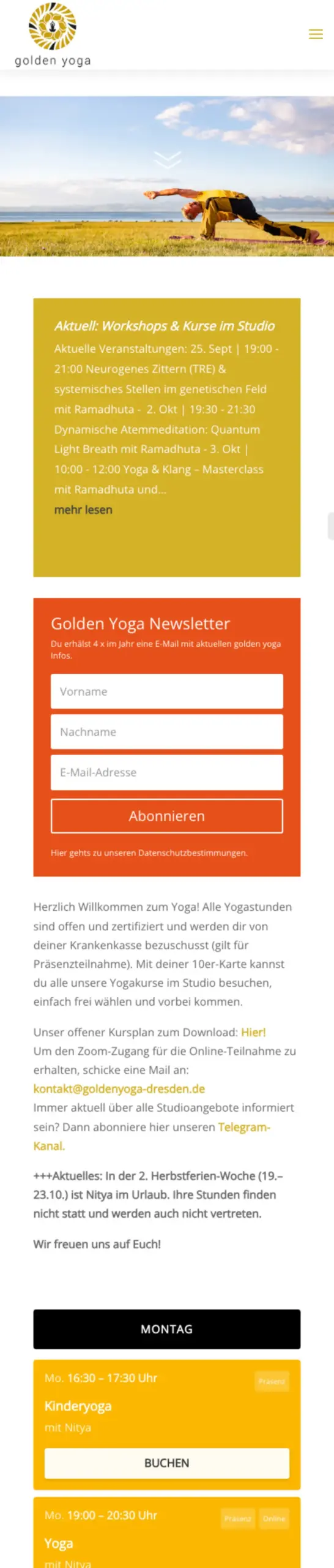 Website von golden yoga in der Mobilansicht