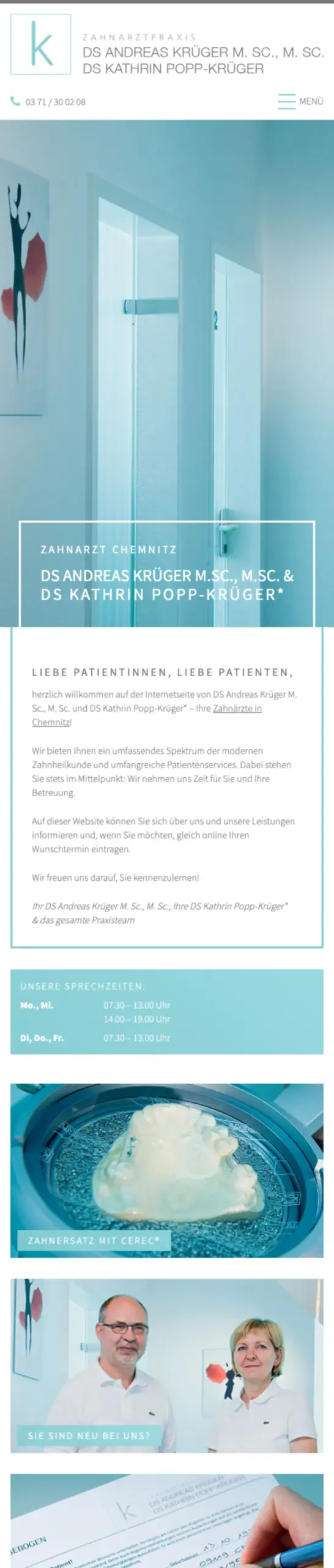 Website von DS Andreas Krüger M. Sc., M. Sc. und DS Kathrin Popp-Krüger, Chemnitz in der Mobilansicht