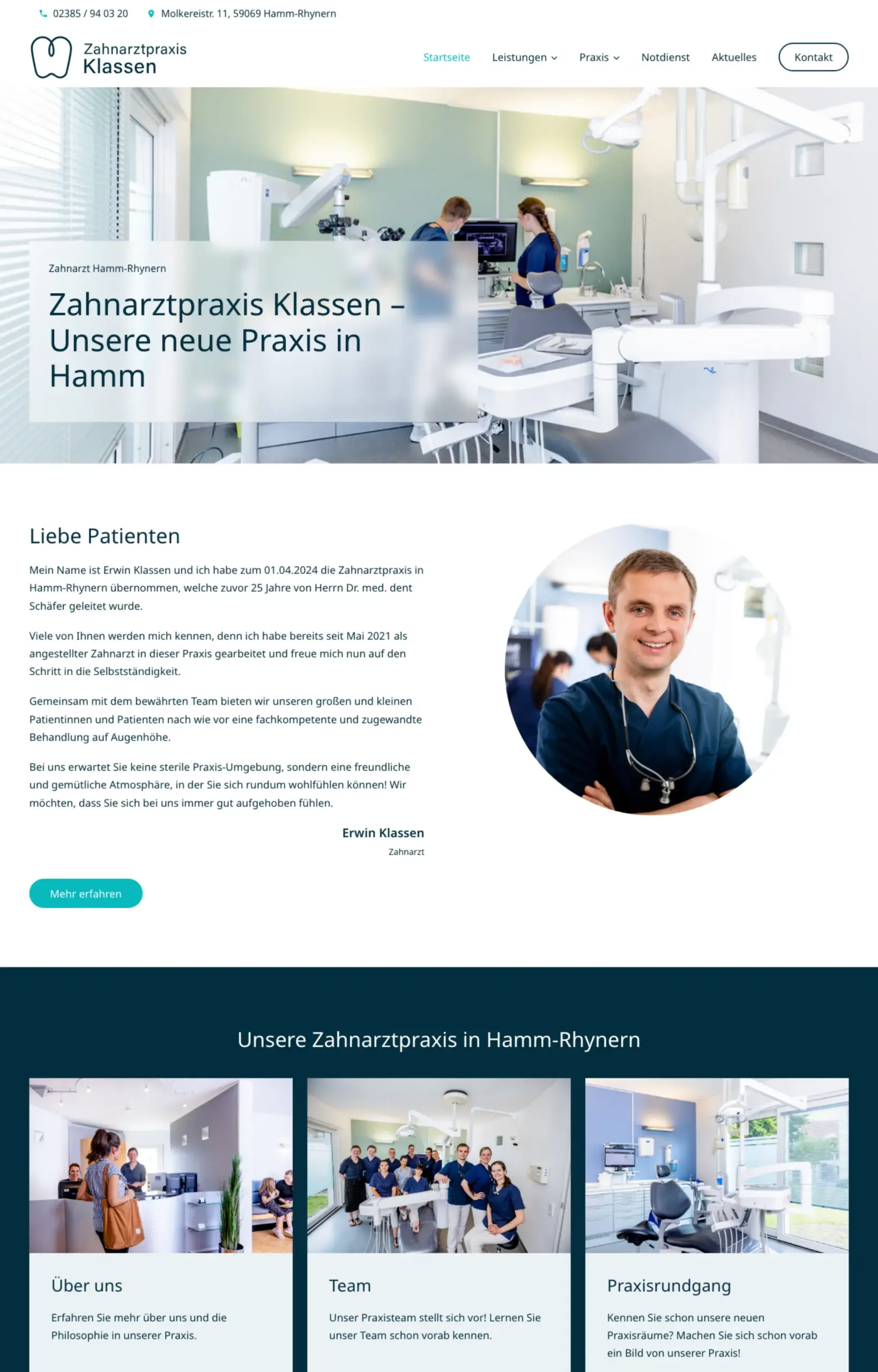 Website von Zahnarztpraxis Klassen, Hamm in der Desktop-Ansicht
