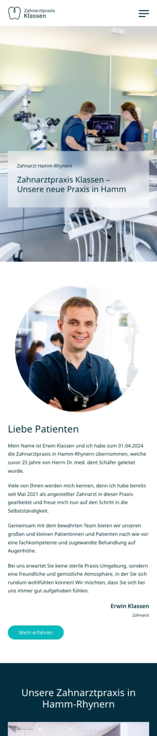 Website von Zahnarztpraxis Klassen, Hamm in der Mobilansicht