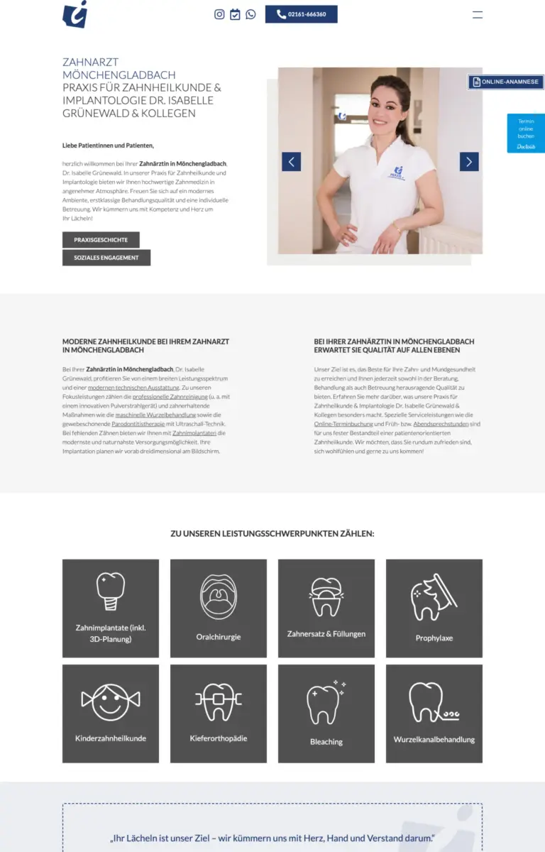 Startseite der Website von Zahnärzte ONLINE-ANAMNESE aus Mönchengladbach in der Desktop-Ansicht