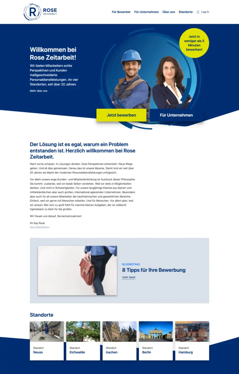 Startseite der Website von Zeitarbeitsunternehmen Rose Zeitarbeit GmbH aus Neuss in der Desktop-Ansicht