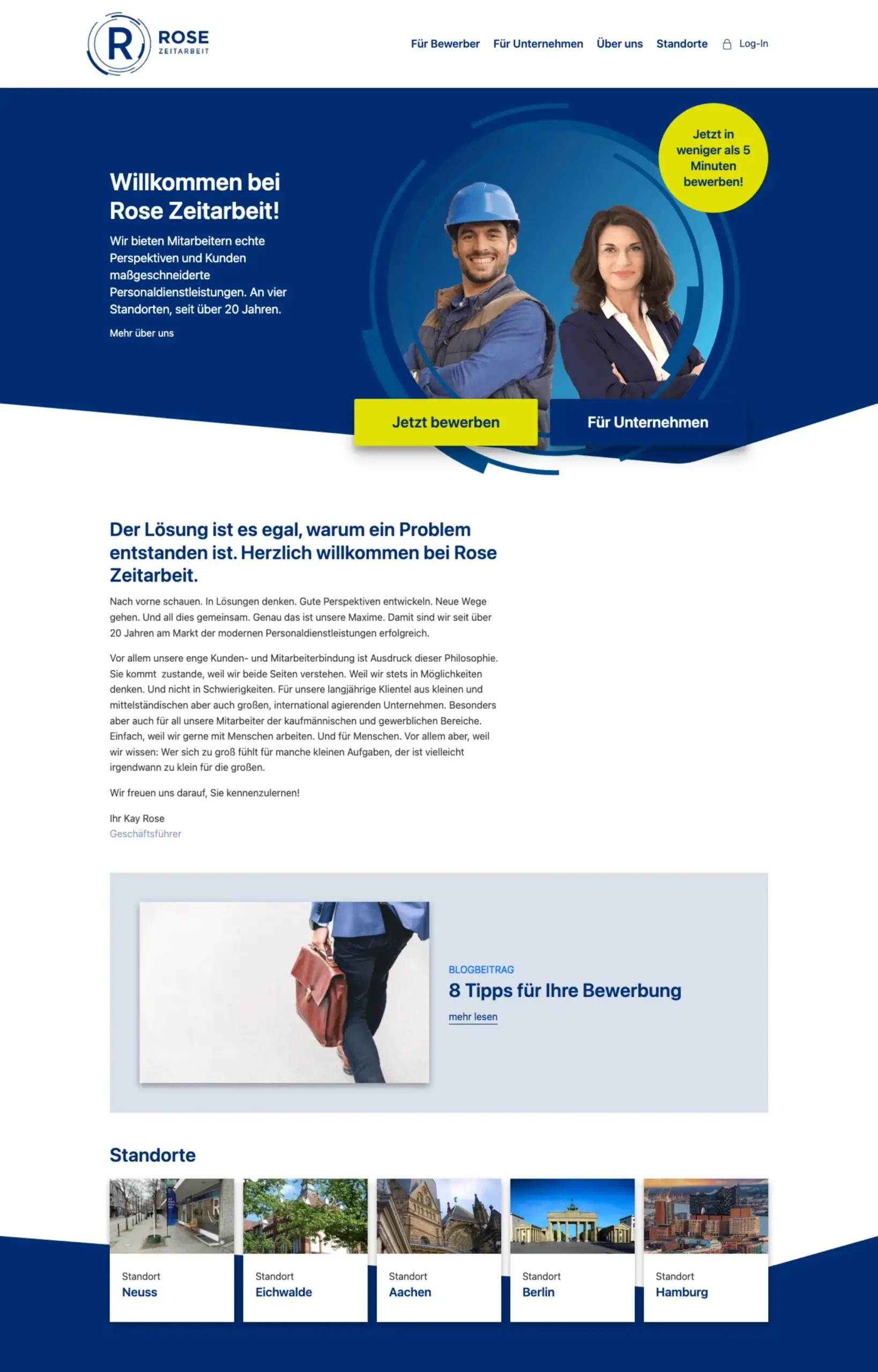 Website von Rose Zeitarbeit, Neuss in der Desktop-Ansicht