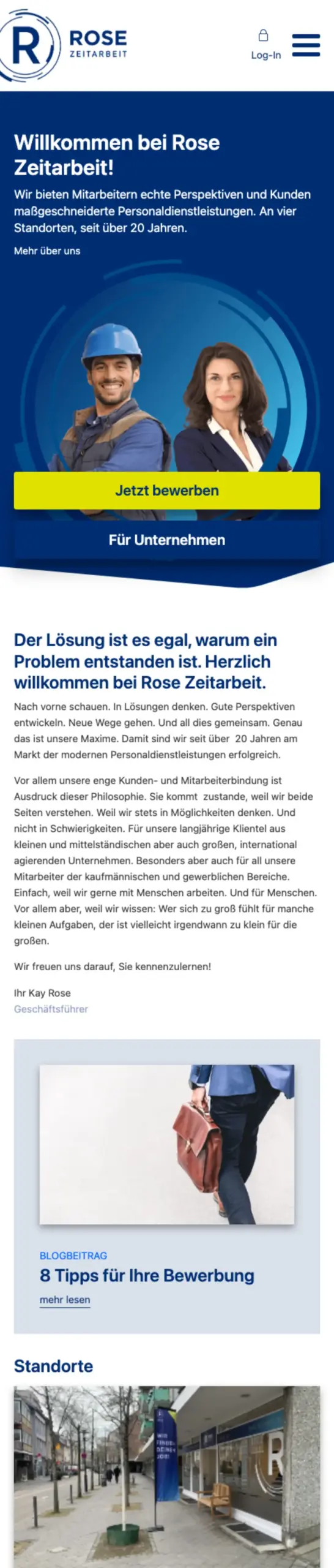 Website von Rose Zeitarbeit, Neuss in der Mobilansicht